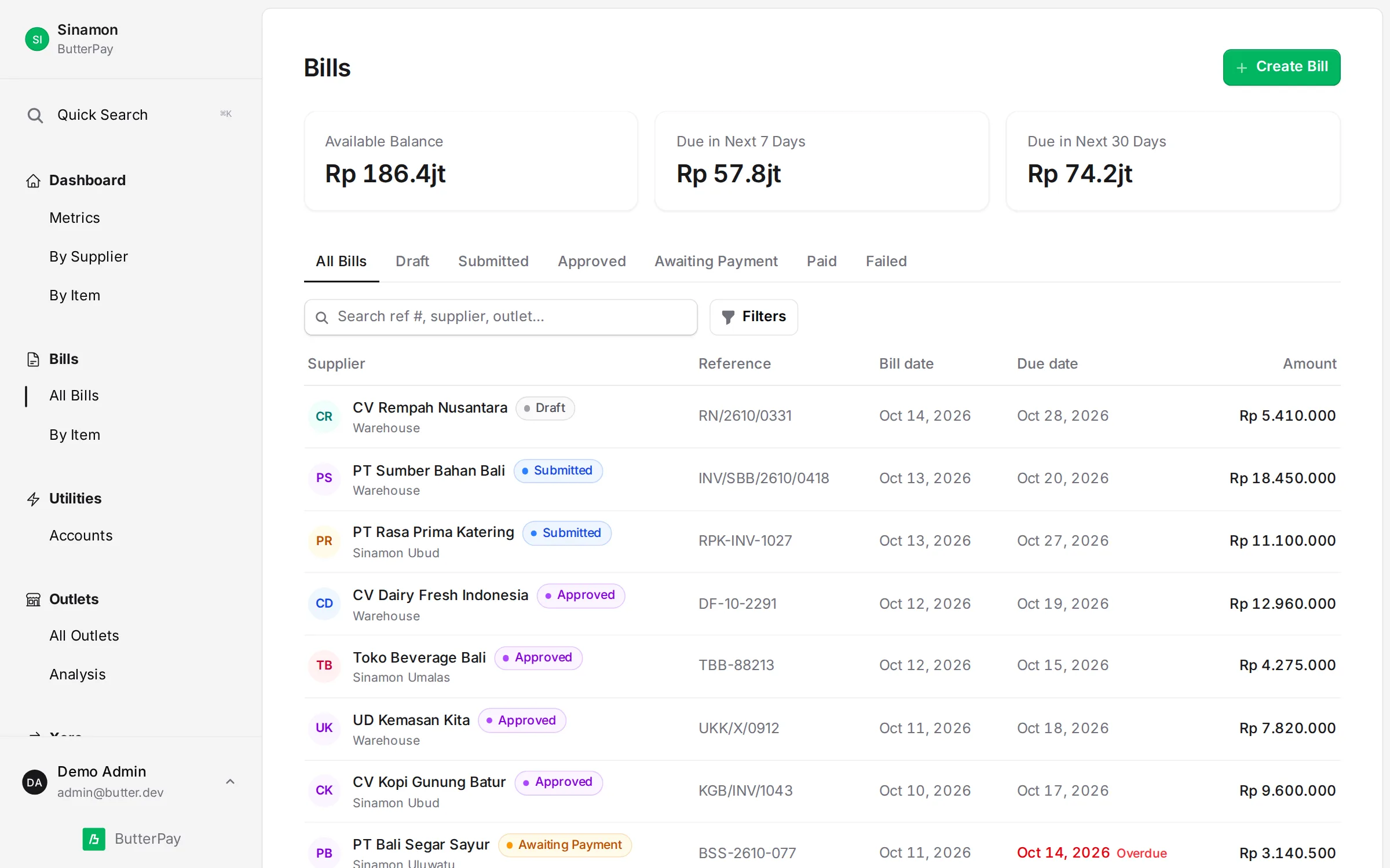 ButterPay bills list with the available balance, due amounts and each bill’s status