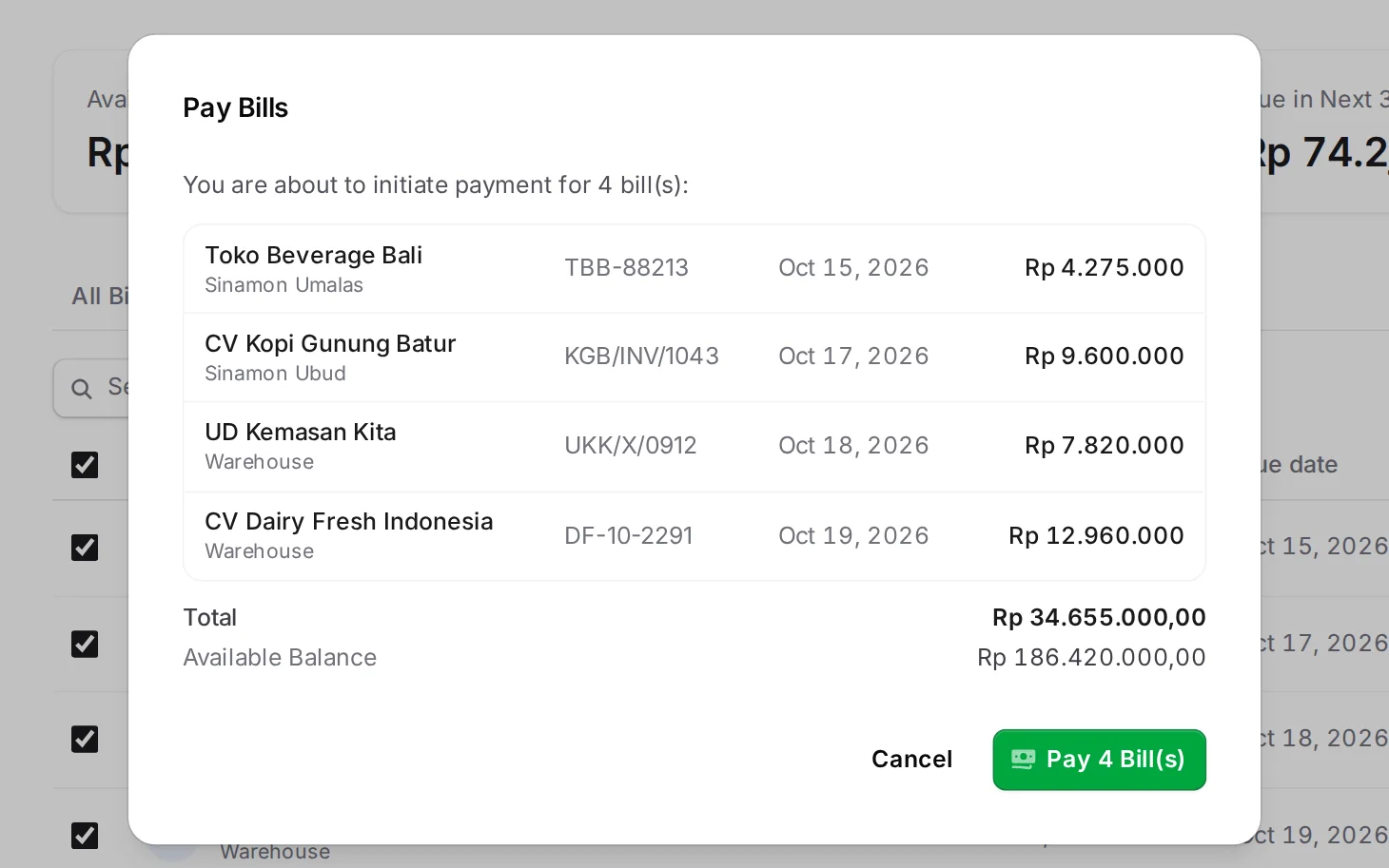 Paying four bills at once, with the total and the available balance