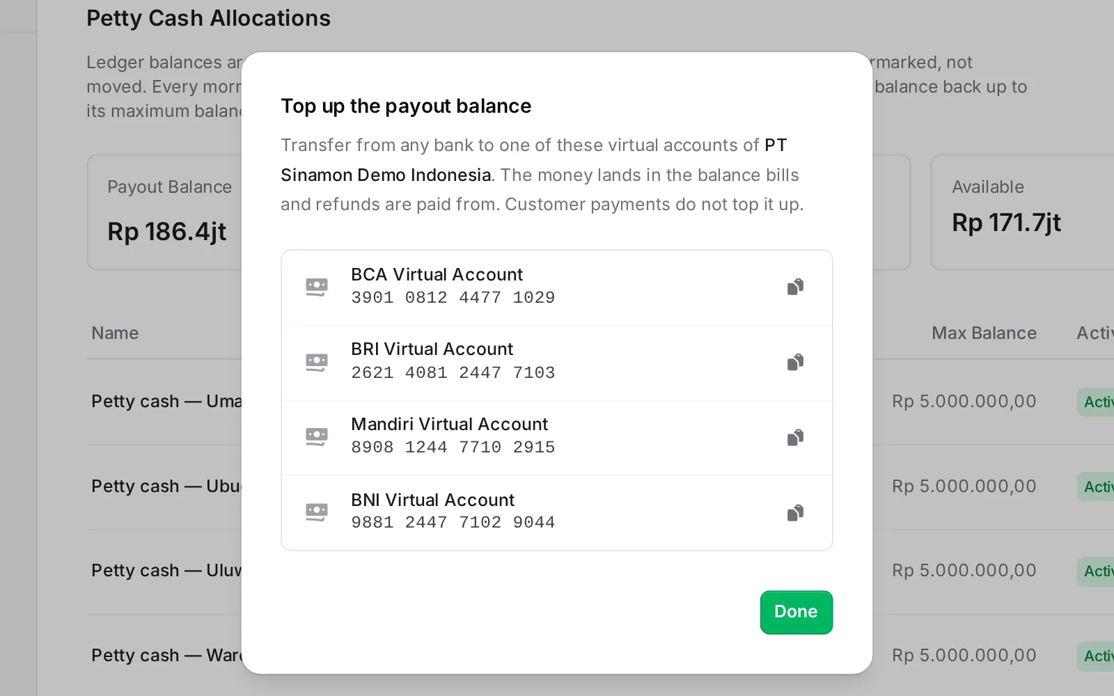 ButterPay top-up dialog with BCA, BRI, Mandiri and BNI virtual accounts