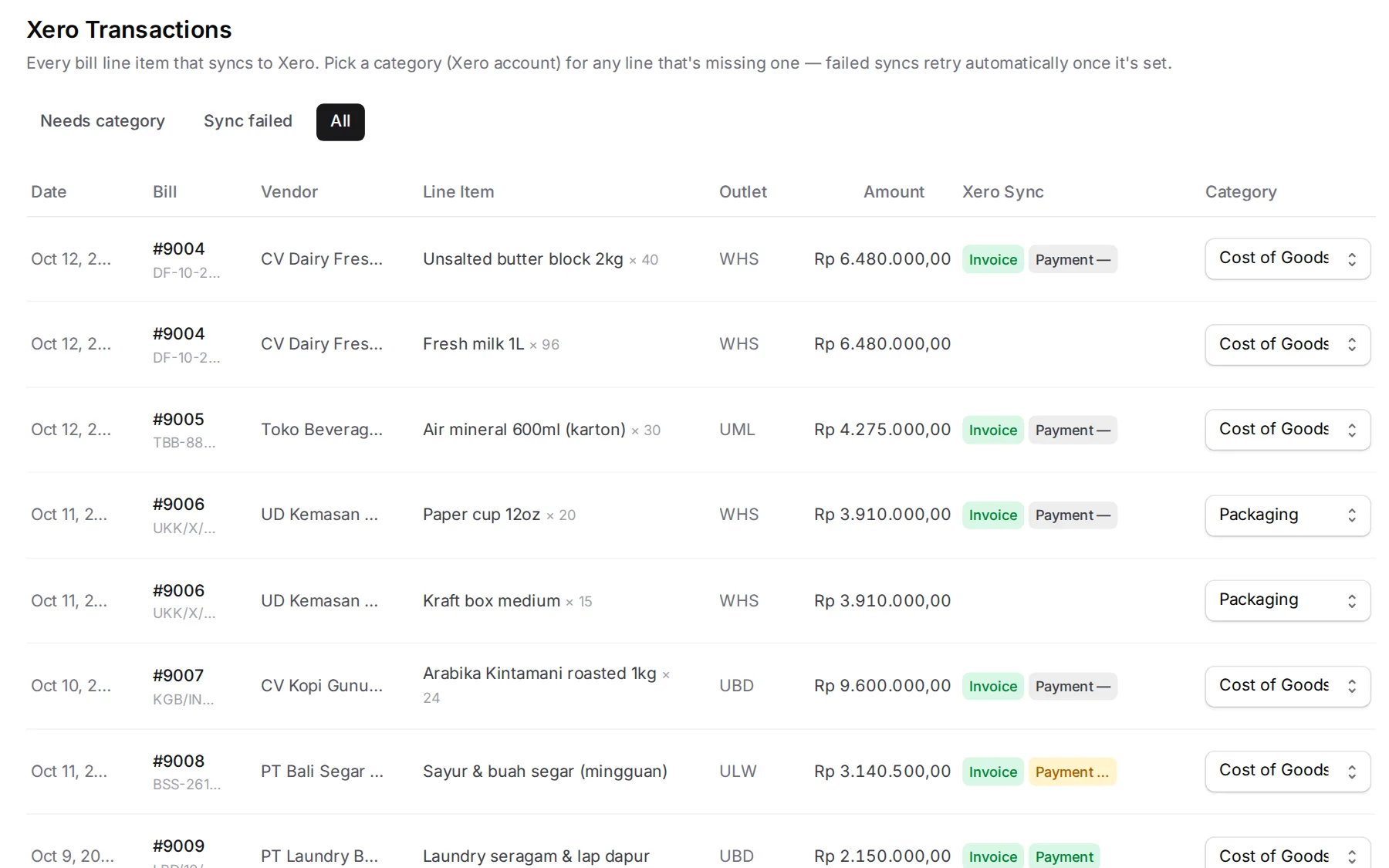Xero transactions per bill line with invoice and payment sync status