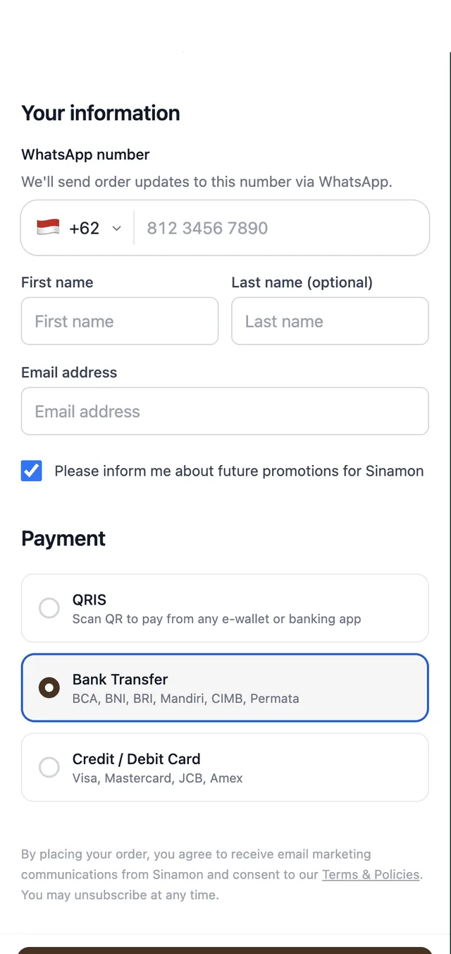 Checkout dengan nomor WhatsApp dan pilihan bayar QRIS, transfer bank, atau kartu