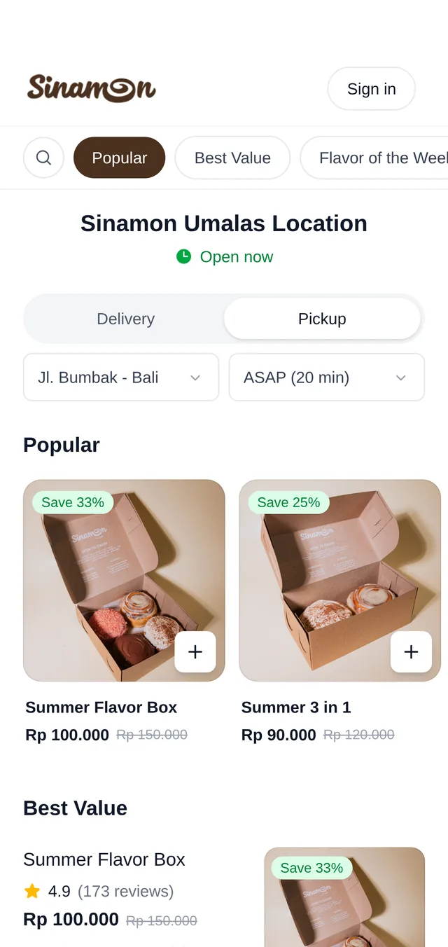 Menu cabang Sinamon Umalas di ponsel dengan pilihan ambil sendiri atau diantar