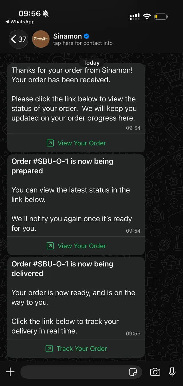 Update pesanan Sinamon di WhatsApp dengan tautan untuk melihat dan melacak pesanan